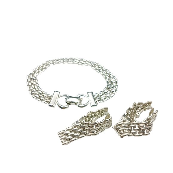 Vintage Silver-Tone Chain Panther Link Bracelet & Matching Earrings Set Demi Par - Picture 4 of 5